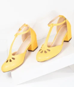 Yellow Leatherette Minny T-Strap Heels