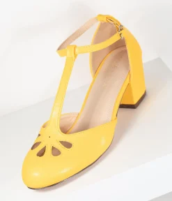 Yellow Leatherette Minny T-Strap Heels